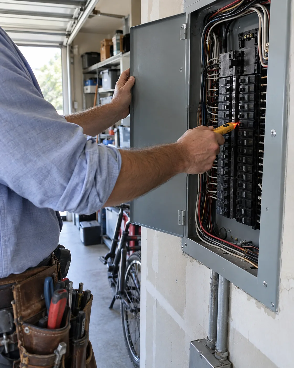 In a home garage, an electrician holds open a breaker panel and checks a breaker with a voltage tester.