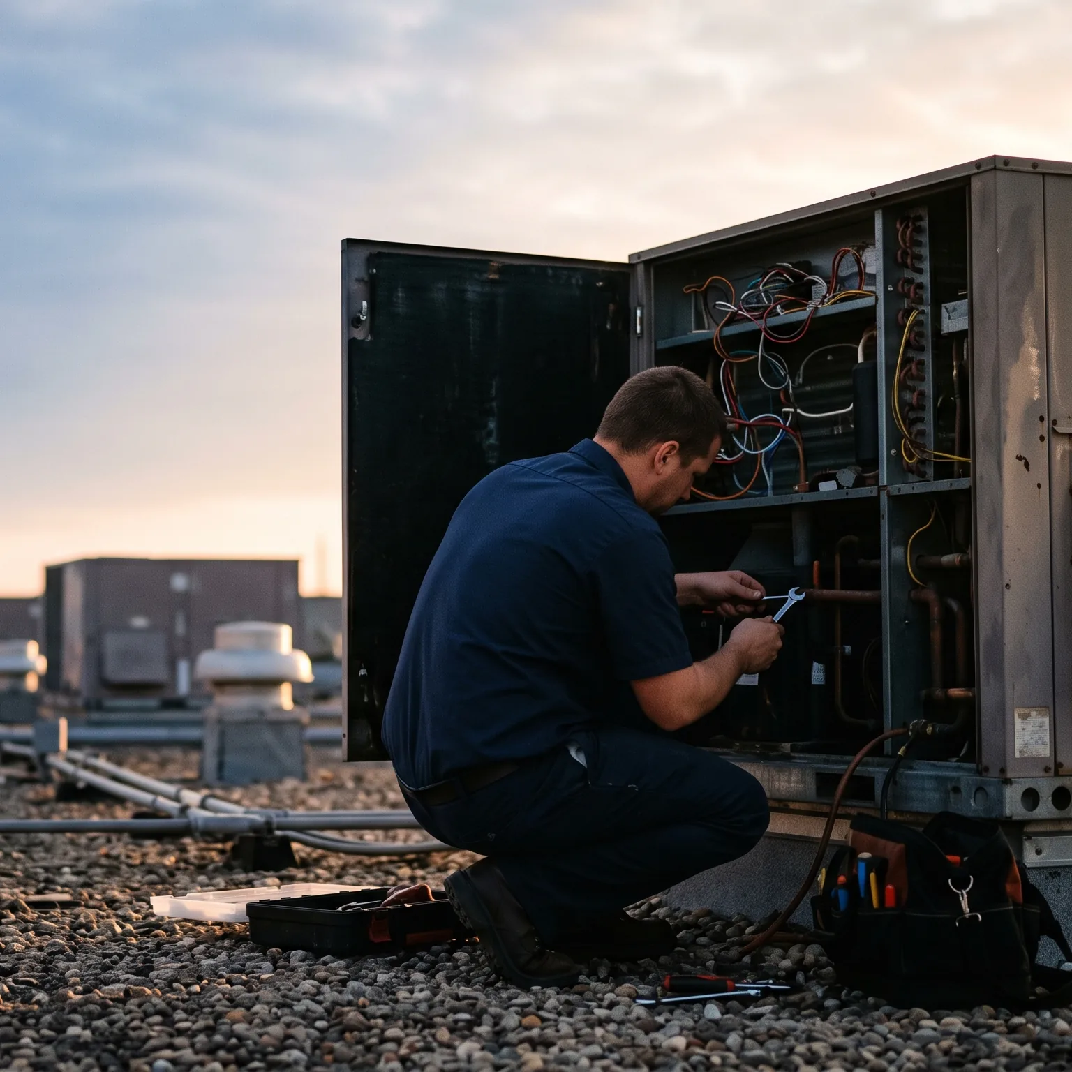 On a gravel rooftop at dusk, a technician kneels at an open air conditioning unit with a wrench in his hands.