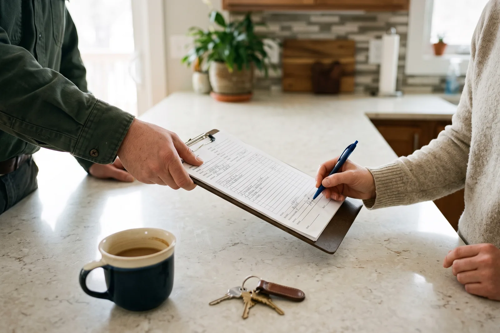 At a kitchen counter, a technician holds out a clipboard while the homeowner signs the work order.